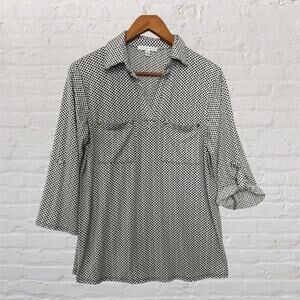 Notations Blouse Black White Geometric Print Button Front Roll Tab Sleeve Medium